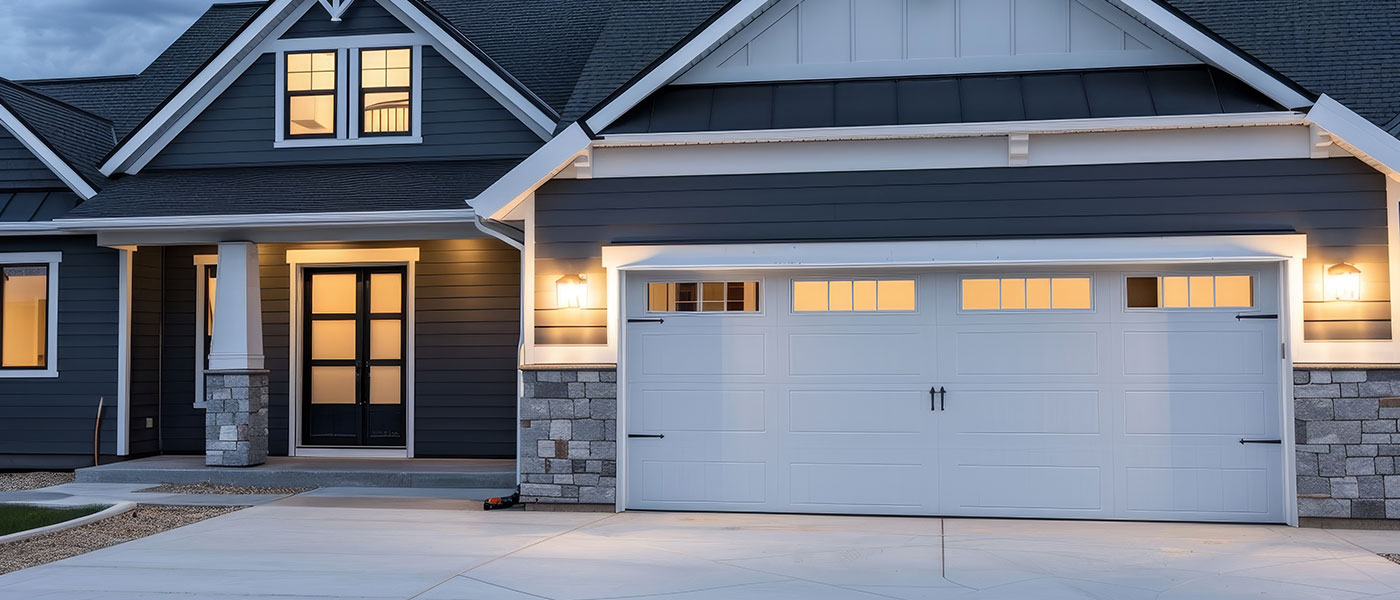 Two-story Eugene home at dusk with a Crawford Windor garage door