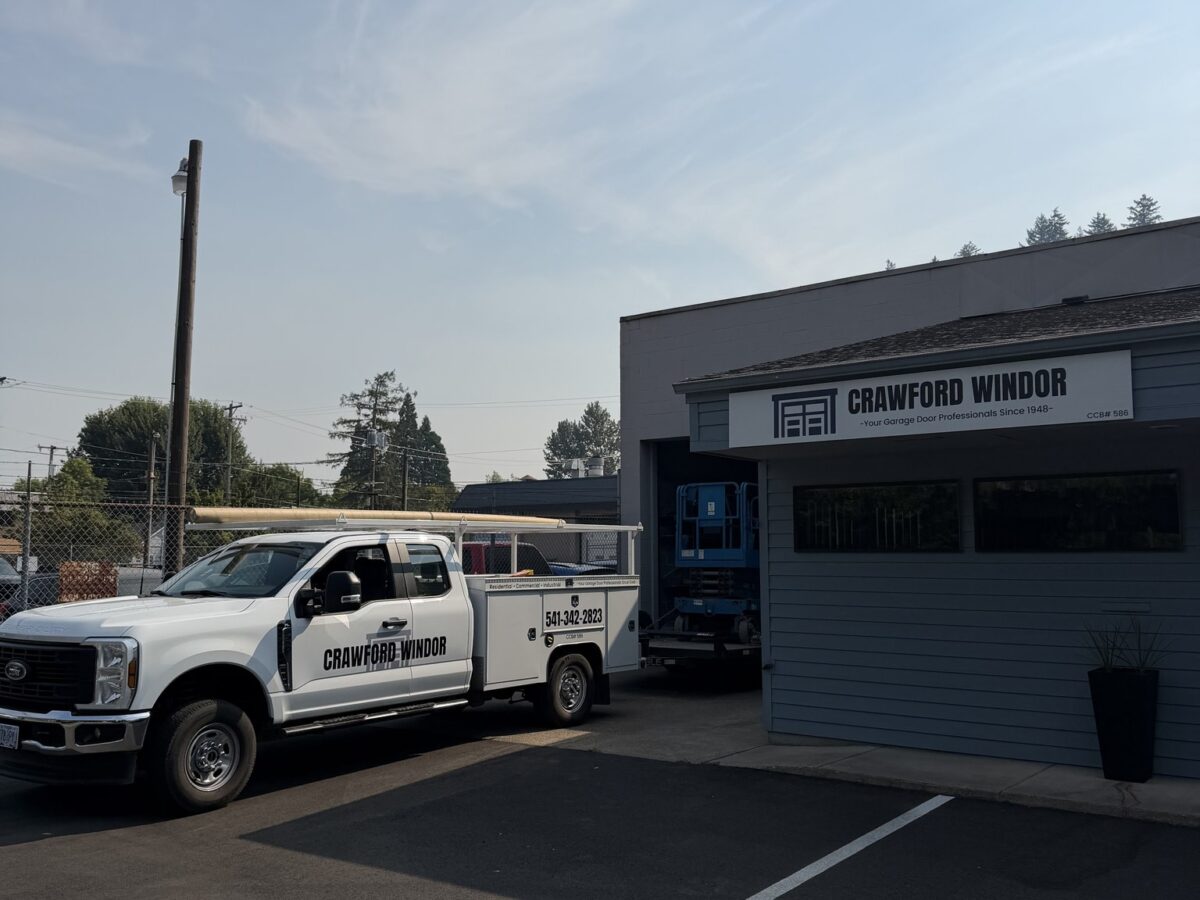 The Crawford Windor garage door repair shop and service truck on Washington Street in Eugene, Oregon