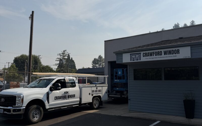 The Crawford Windor garage door repair shop and service truck on Washington Street in Eugene, Oregon